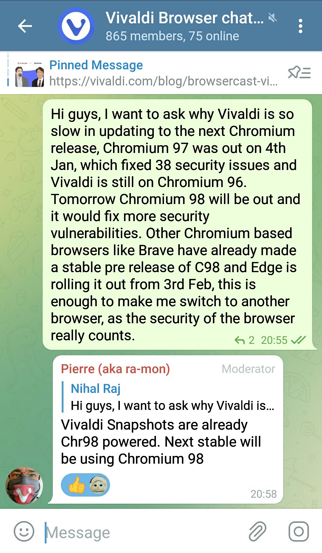 A picture showing the Telegram message of the issue